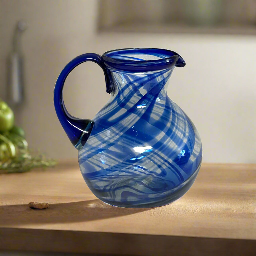 Blue Swirl Glass Pitcher | Hand-Blown Mexican Drinkware